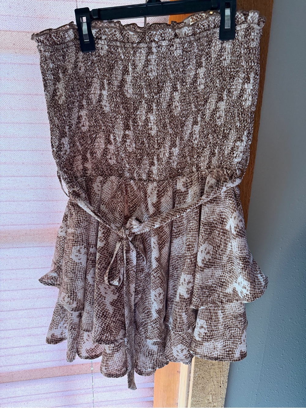 Girls Brown & White Smocked Tiered Romper with Tie Waist